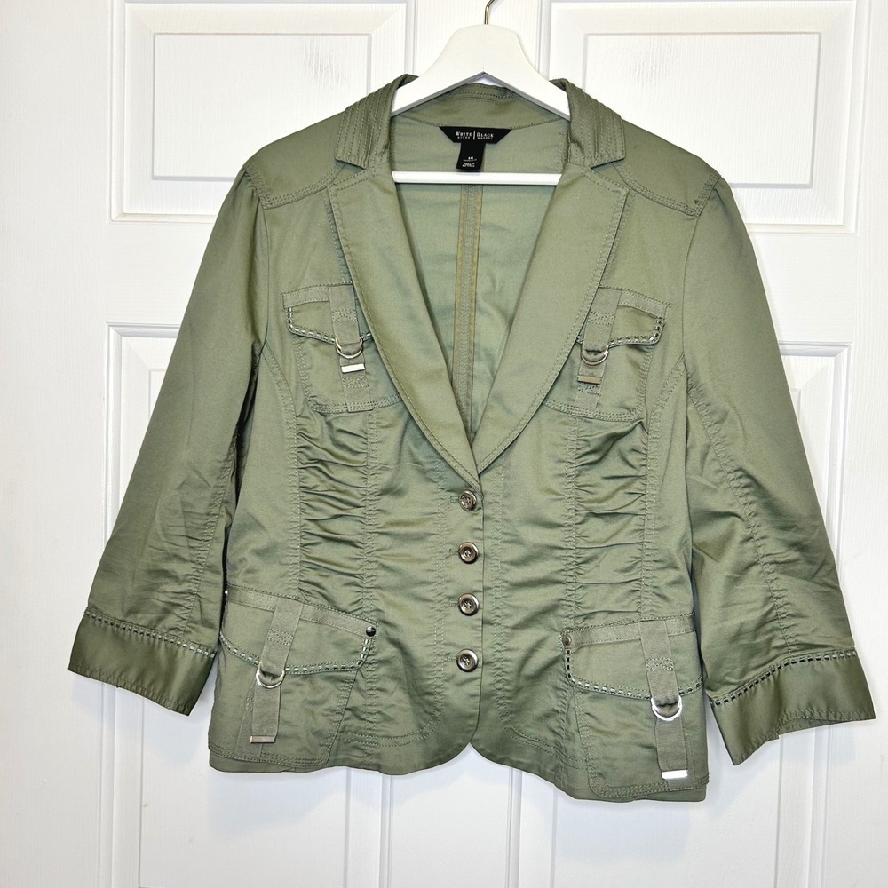 White House Black Market Sage Green Utility Ruched Blazer Jacket Size 14